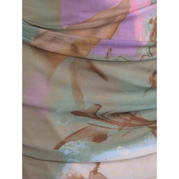 Y2K Ruched‎ Mesh Bodycon Watercolor Midi Dress Large Square Neck Corset Fairy - Picture 3 of 5